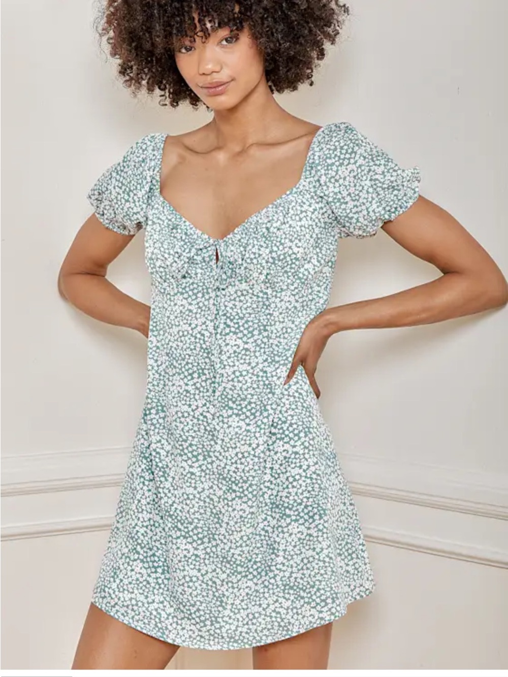 Lulus Postcard from Paris Sage Floral Print Puff Sleeve Mini Dress